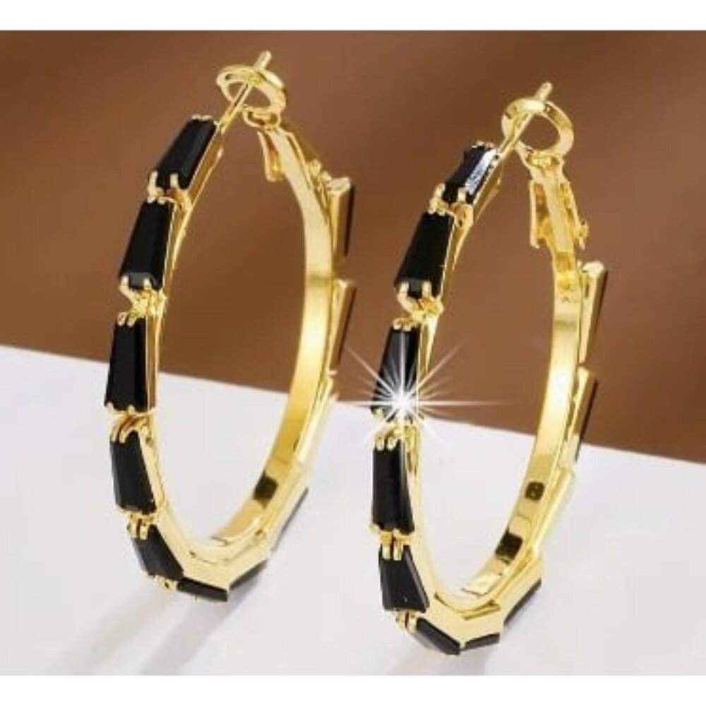 18k Gold Plated Black Simulated Diamond Hoop Earrings